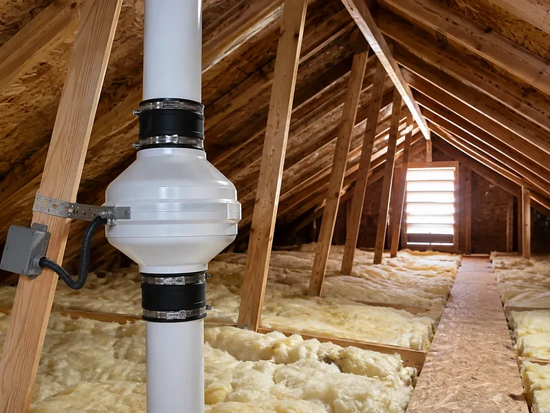 Radon fan installed on a passive stack in an attic
