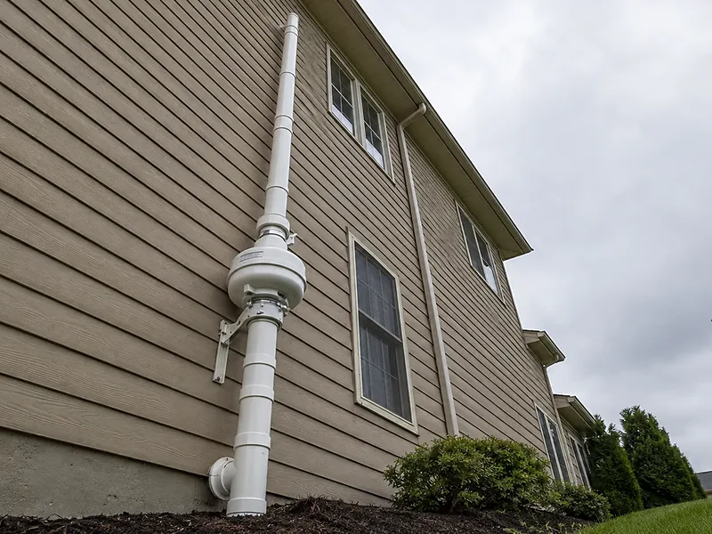 A completed radon mitigation system running up the exterior wall of a home