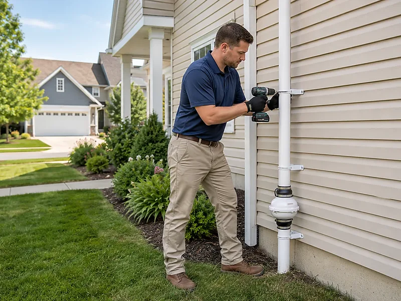 Radon mitigation technician securing an exterior vent riser